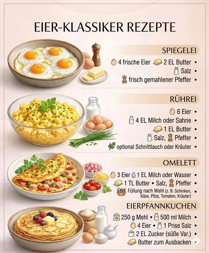 Verschiedene Eiergerichte wie Rührei, Omelette und Eier Benedikt auf einem Teller.