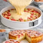 Einfacher Rhabarberkuchen mit frischem Rhabarber und knusprigem Belag