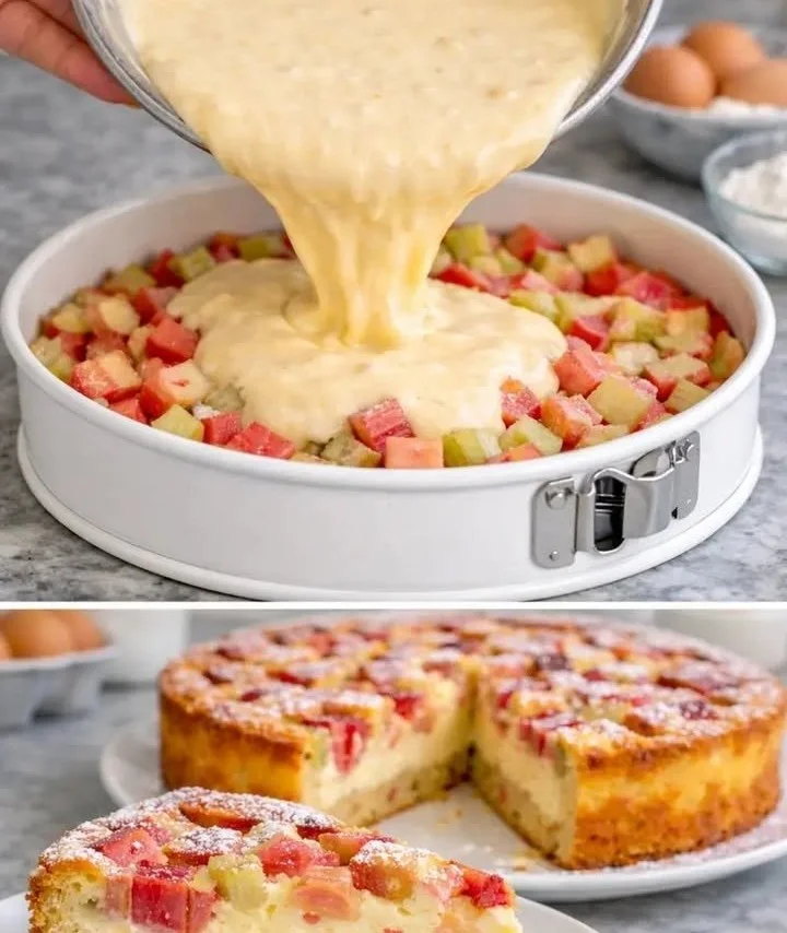 Einfacher Rhabarberkuchen mit frischem Rhabarber und knusprigem Belag