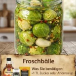 Glas mit eingelegtem Rosenkohl auf einem Holztisch