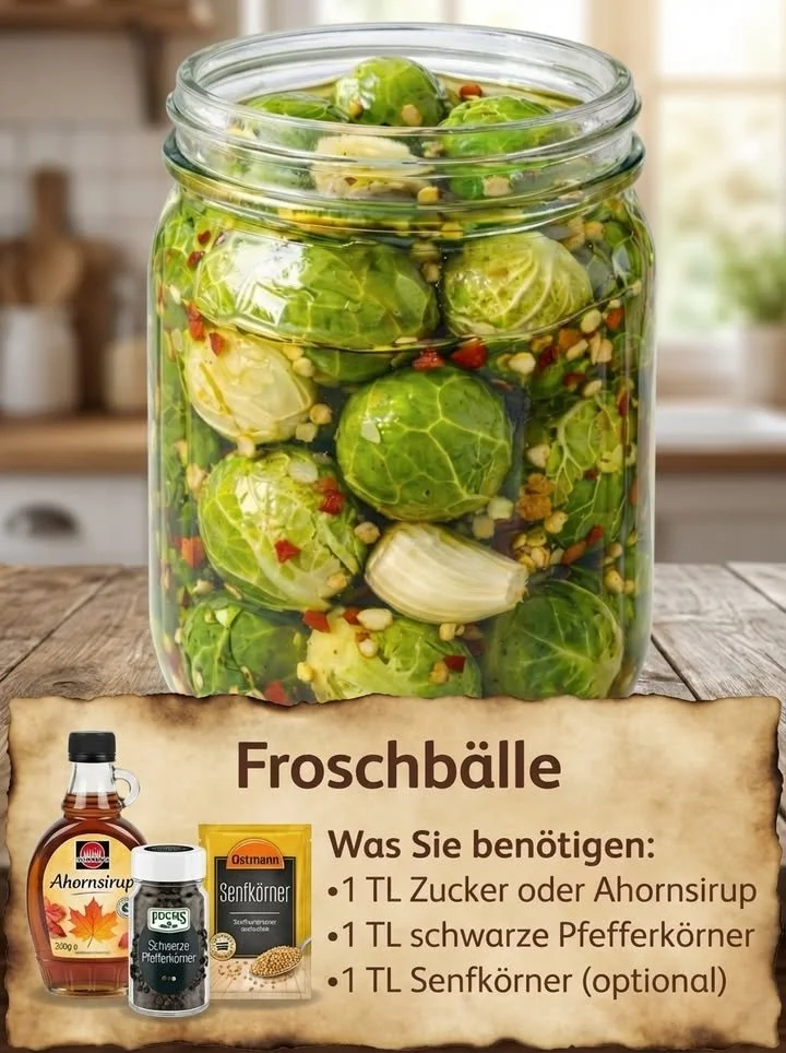 Glas mit eingelegtem Rosenkohl auf einem Holztisch