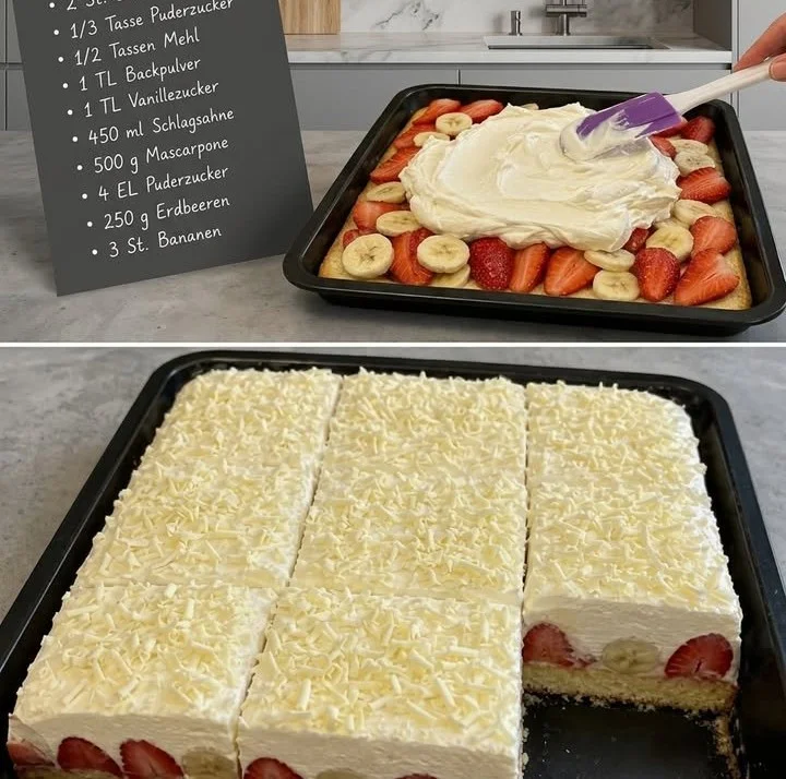 Erdbeer-Bananen-Kuchen auf einem Teller mit frischen Erdbeeren