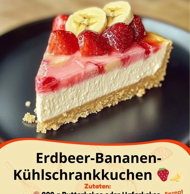Erdbeer-Bananen-Kühlschrankkuchen mit frischen Früchten