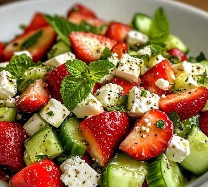 Erdbeer-Gurkensalat mit Minze und Feta auf einem Teller