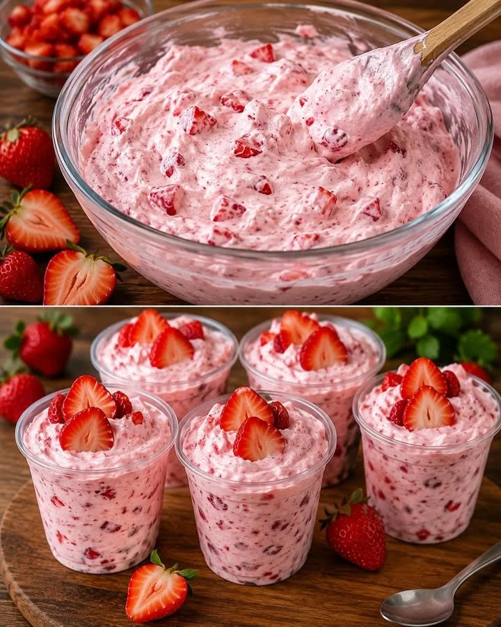 Schüssel mit Erdbeer Joghurt Traum, garniert mit frischen Erdbeeren.