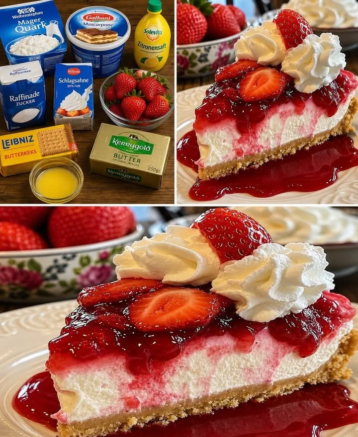 Erdbeer Käsekuchen ohne Backen mit frischen Erdbeeren und cremigem Käse