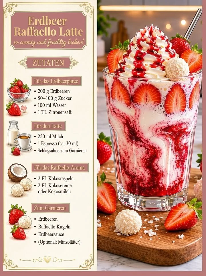 Erdbeer-Raffaello-Latte mit frischen Erdbeeren und Kokosnussgeschmack