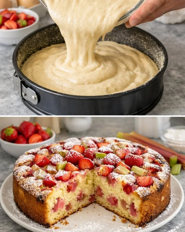 Frischer Erdbeer Rhabarber Joghurtkuchen auf einem Tisch serviert