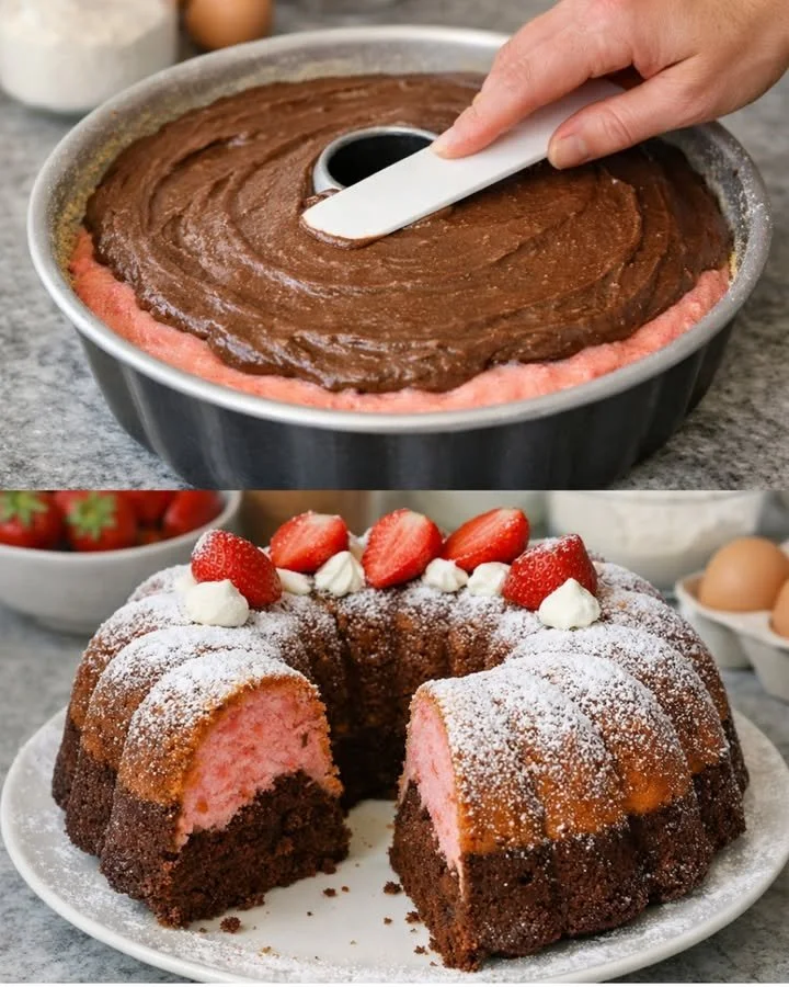 Erdbeer-Schoko-Kinderkuchen mit frischen Erdbeeren und Schokoladenglasur