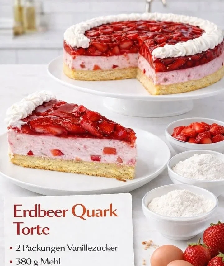 Eine reichhaltige Erdbeer-Torte mit frischen Erdbeeren und Sahne.