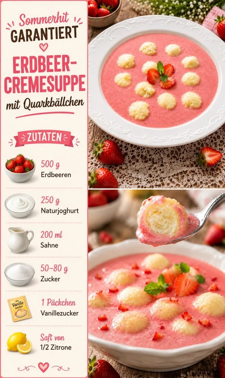 Erdbeercremesuppe mit Quarkbällchen in einer eleganten Schale serviert