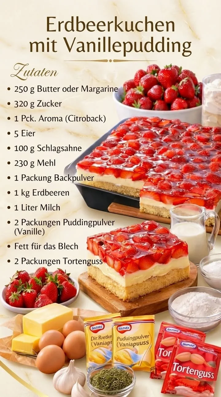 Erdbeerkuchen mit Vanillepudding auf einem Teller, dekoriert mit frischen Erdbeeren.