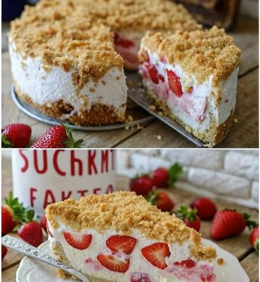 Erdbeerkuchen ohne Backen mit frischen Erdbeeren und Sahne
