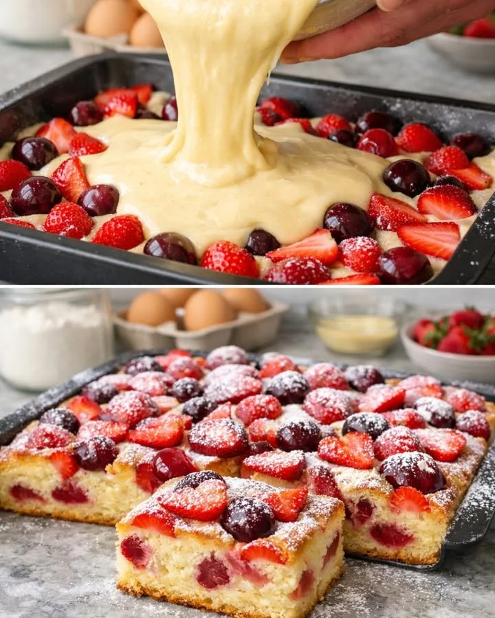Erdbeerkuchen vom Blech mit frischen Erdbeeren und Sahne