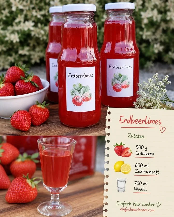 Erdbeerlimes in einem Glas mit frischen Erdbeeren dekoriert