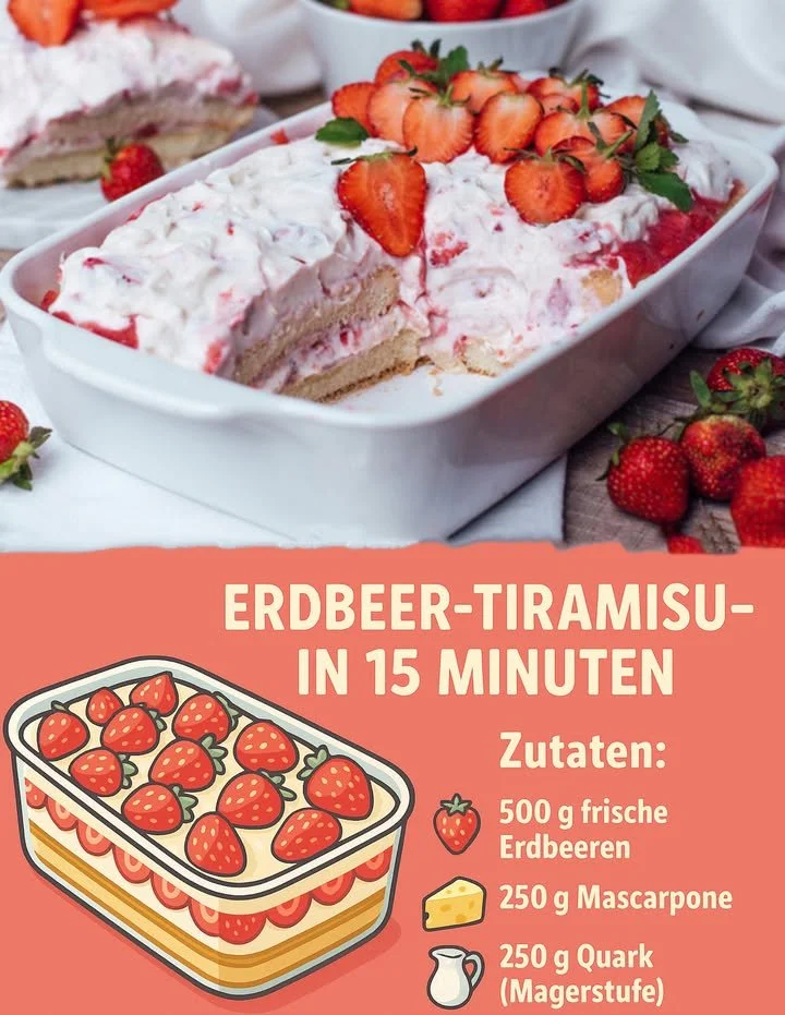 Leckeres Erdbeertiramisu mit frischen Erdbeeren und Mascarpone-Creme.