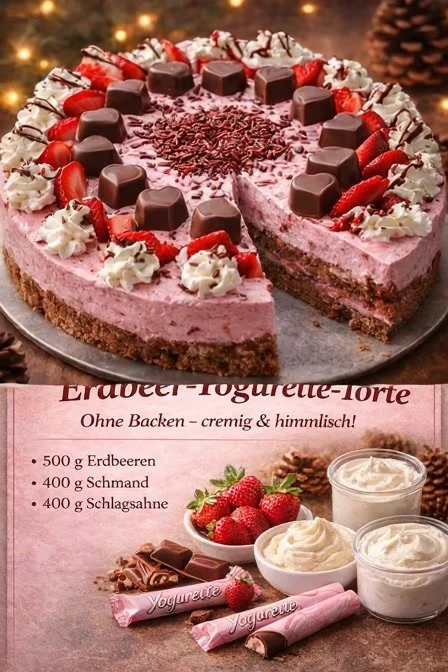 Leckere Erdbeertorte mit frischen Erdbeeren und Sahne dekoriert.