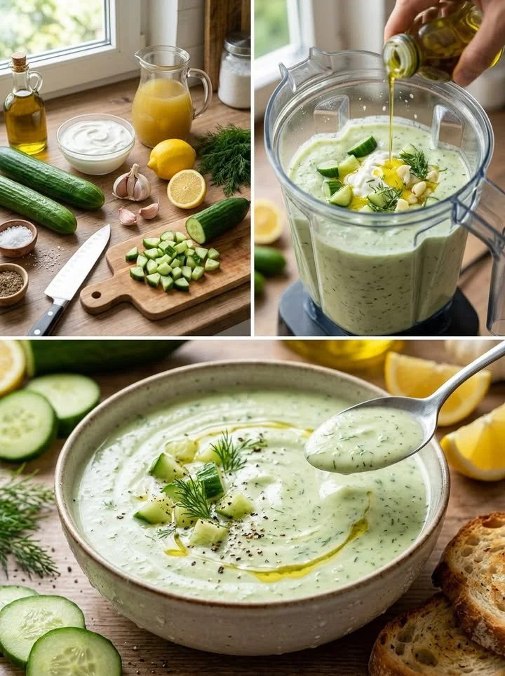 Erfrischende Gurkensuppe mit Zitronen und Dill in einer eleganten Schüssel
