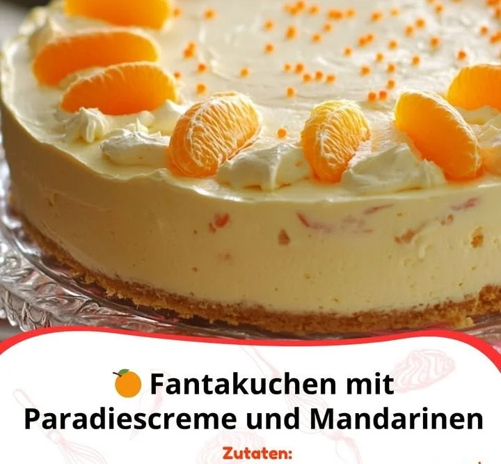 Fantakuchen mit Paradiescreme und Mandarinen auf einem Teller