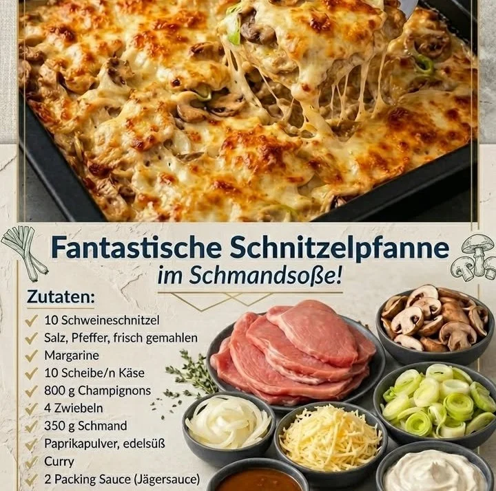 Schnitzelpfanne in Schmandsoße auf einem Teller serviert