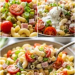 Fantastischer Nudelsalat mit Joghurt dekoriert auf einem Teller