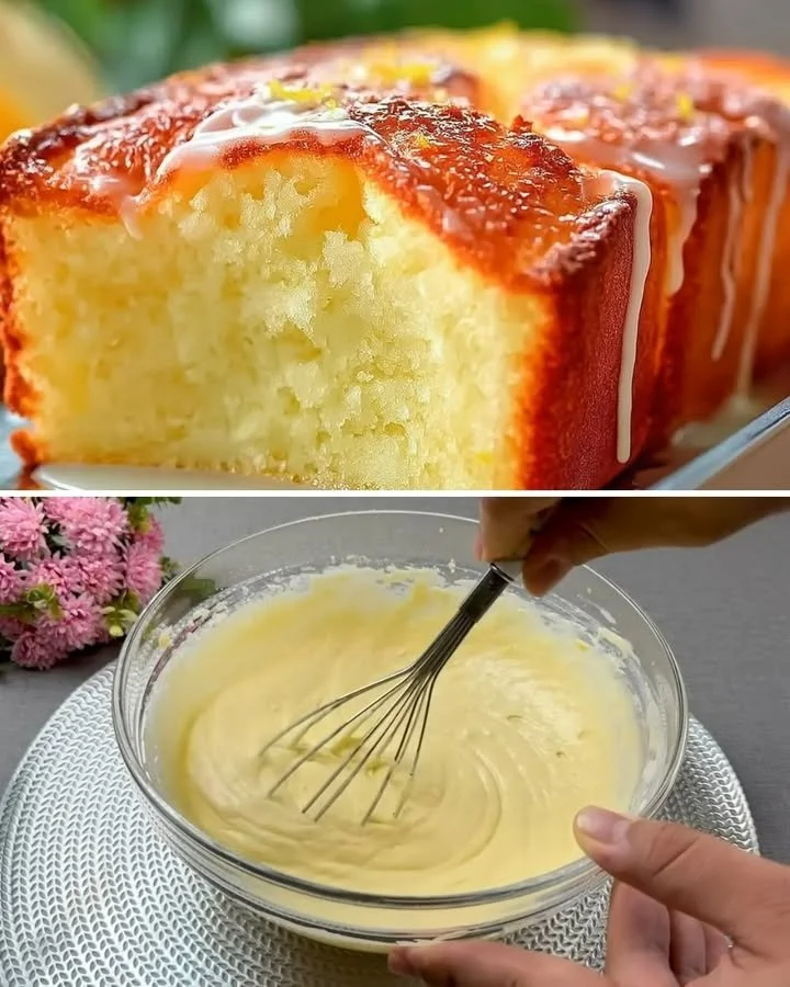 Fluffiger Zitronen-Joghurt-Kuchen auf einem Teller mit frischen Zitronen