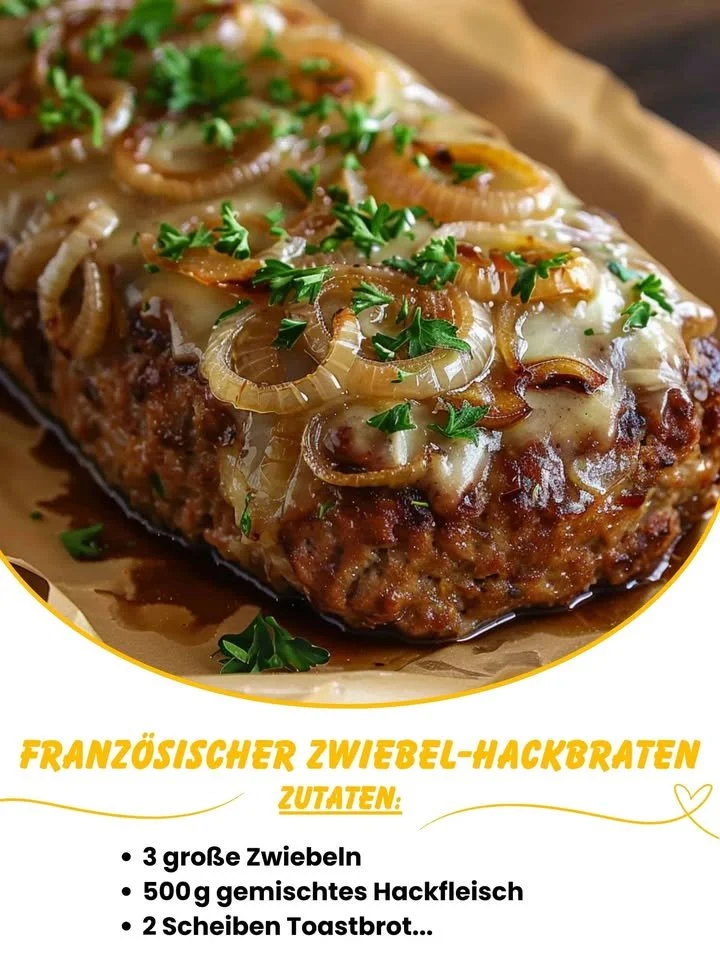 Französischer Zwiebel-Hackbraten auf einem rustikalen Tisch serviert.