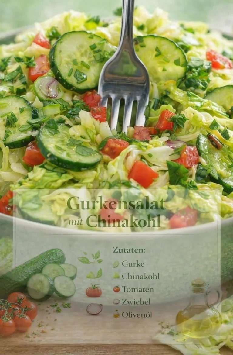Schüssel mit frischem Gurkensalat, garniert mit Kräutern und Zwiebeln