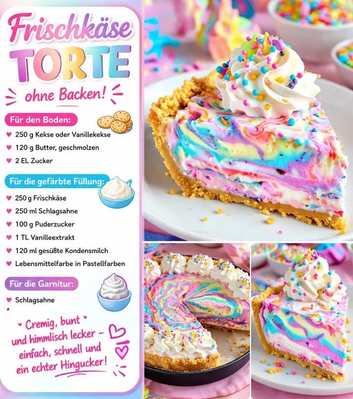 Leckere Frischkäse Torte ohne Backen mit frischem Obst und Sahne