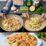 Garnelen-Spaghetti in Knoblauch-Frischkäsesauce auf einem Teller