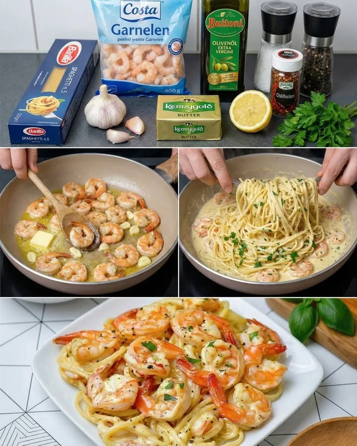 Garnelen-Spaghetti in Knoblauch-Frischkäsesauce auf einem Teller