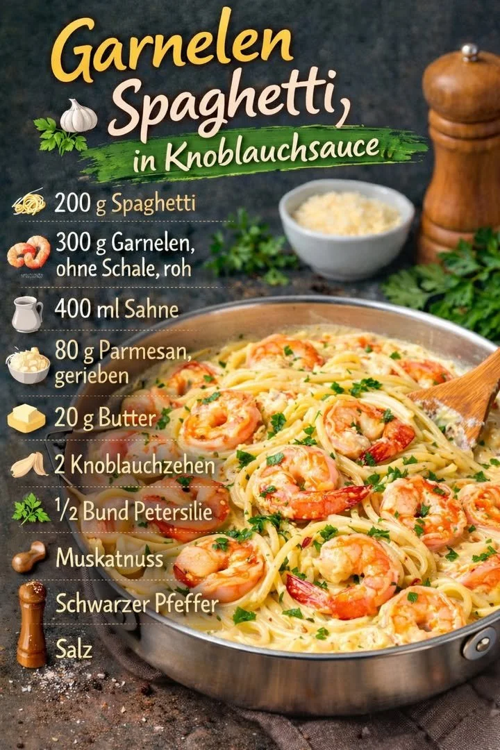 Garnelen Spaghetti in Knoblauchsauce auf einem Teller serviert