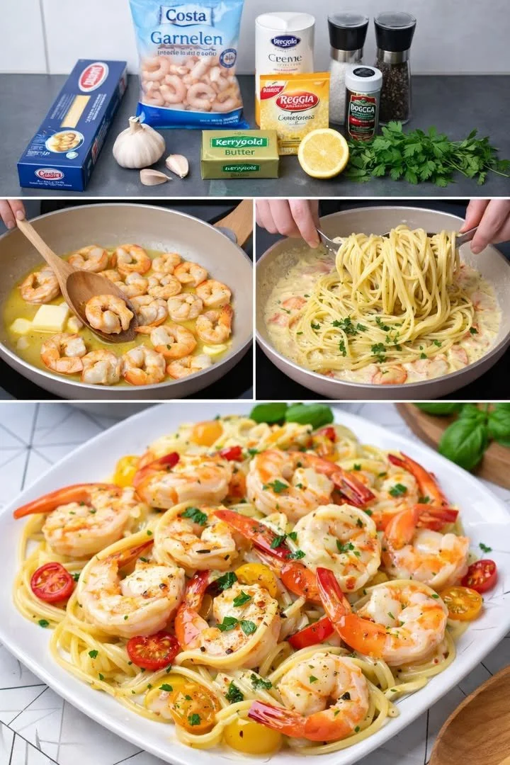 Garnelen Spaghetti in Knoblauchsauce serviert auf einem Teller