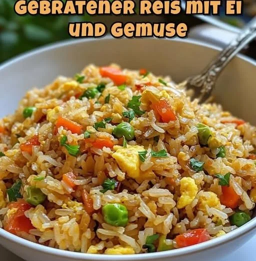 Gebratener Reis mit Ei und buntem Gemüse auf einem Teller serviert.