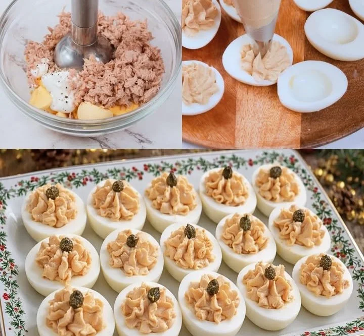 Leckere gefüllte Eier auf einem weißen Teller, perfekt für jeden Party-Snack.