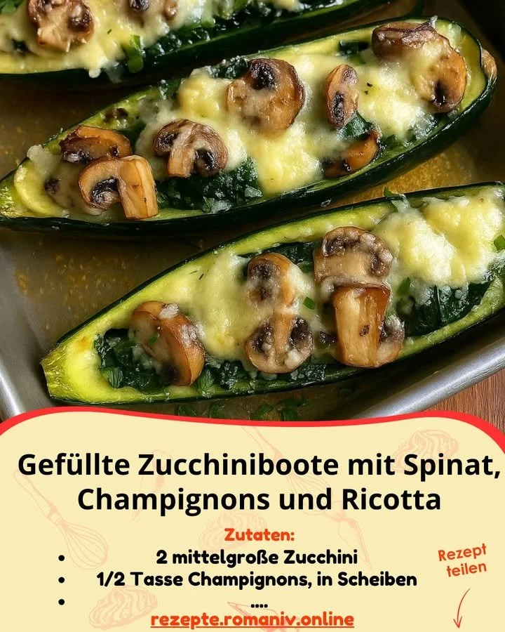 Gefüllte Zucchiniboote mit Spinat, Champignons und Ricotta auf einem Teller