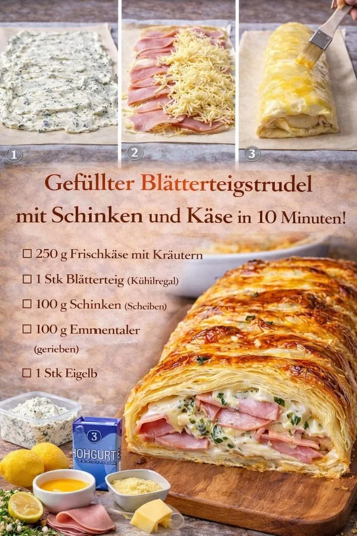 Gefüllter Blätterteigstrudel mit Schinken und Käse aus frischem Blätterteig.