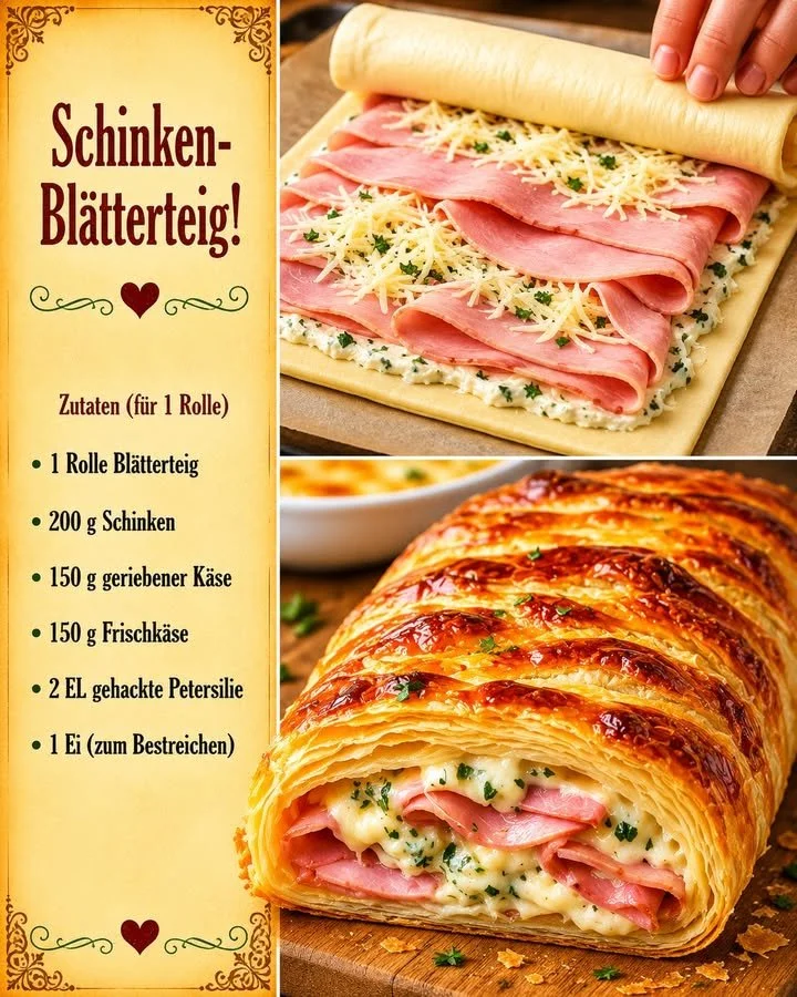 Gefüllter Blätterteigstrudel mit Schinken und Käse auf einem Teller