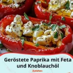 Geröstete Paprika mit Feta und Knoblauchöl, serviert auf einem Teller