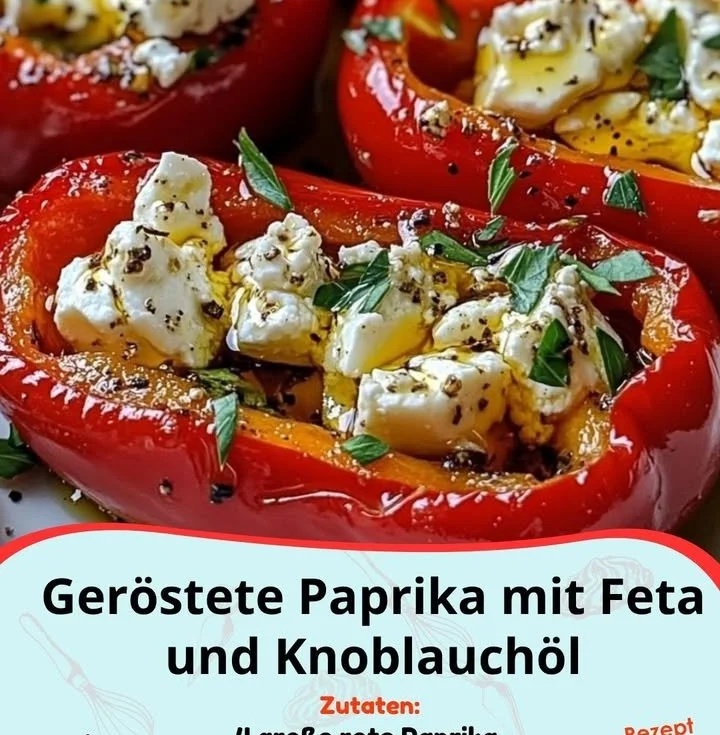Geröstete Paprika mit Feta und Knoblauchöl, serviert auf einem Teller