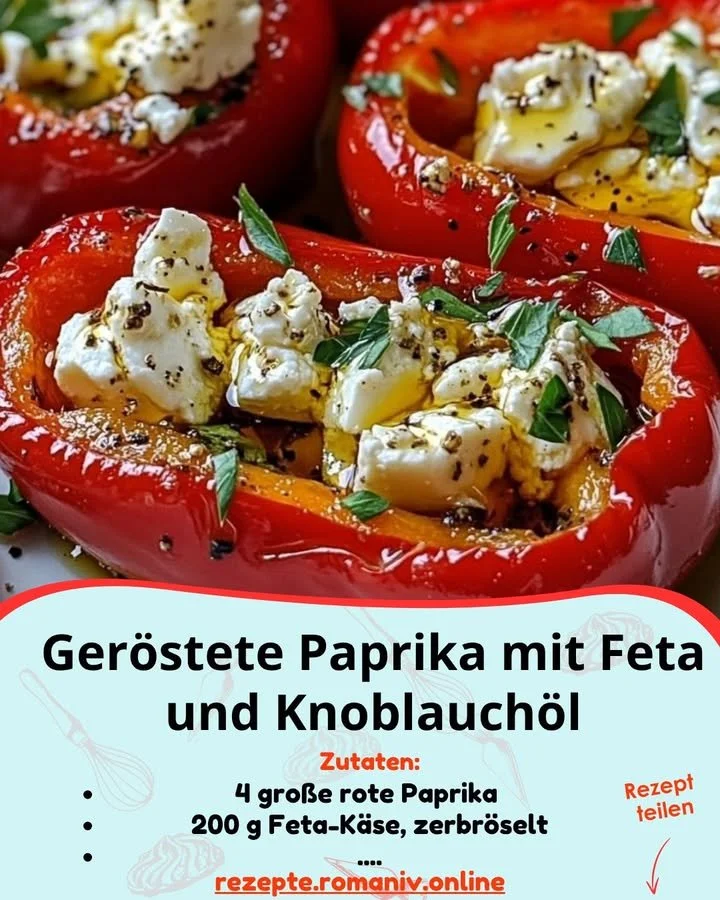 Geröstete Paprika mit Feta und aromatischem Knoblauchöl auf einem Teller