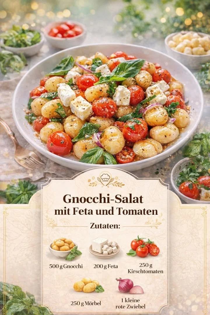 Gnocchi-Salat mit Feta und Tomaten auf einem weißen Teller