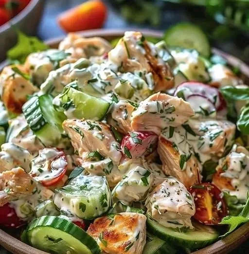 Griechischer Hähnchen Salat mit frischem Tzatziki und Gemüse