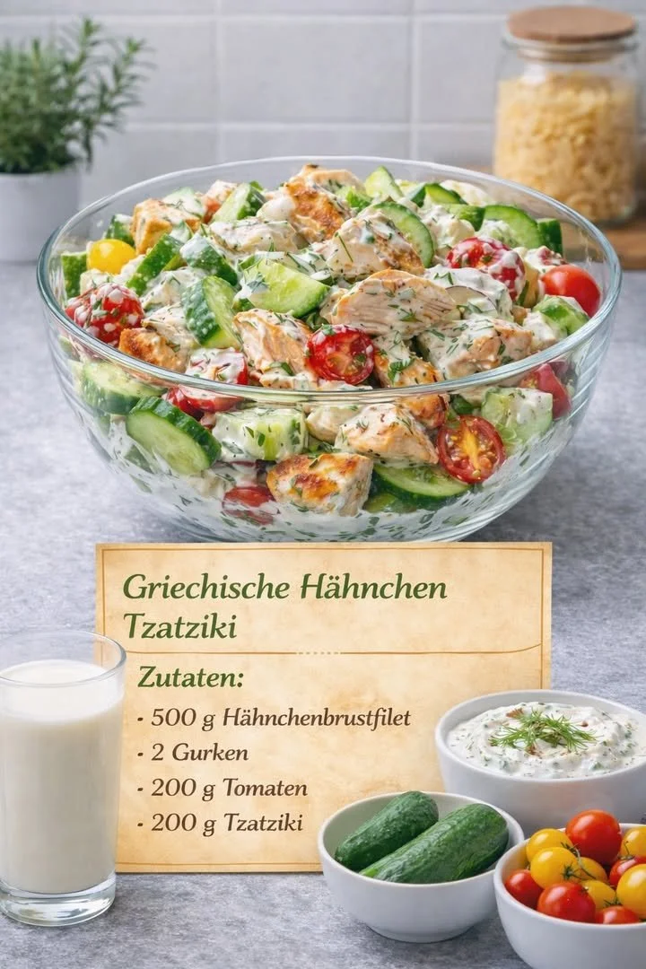 Griechischer Hähnchen-Tzatziki-Salat mit frischem Gemüse und hausgemachtem Tzatziki.