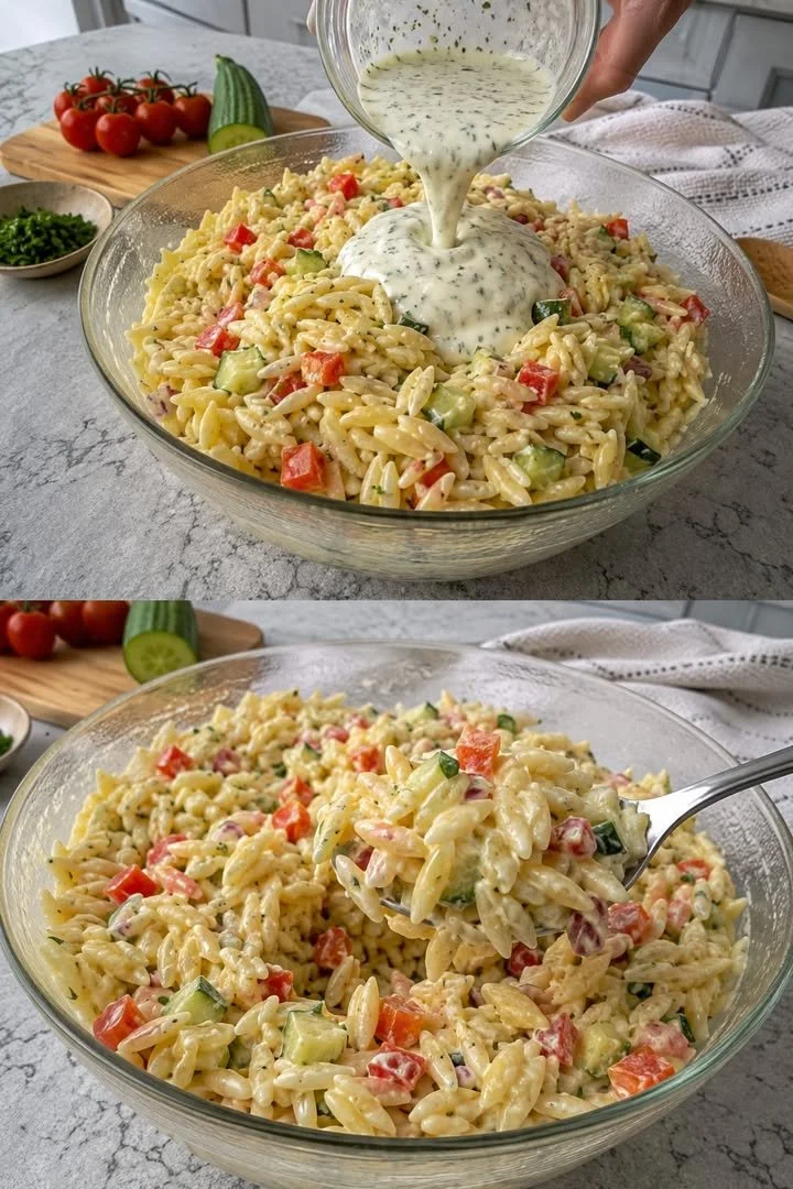 Griechischer Kritharaki-Salat mit frischem Gemüse und Kräutern