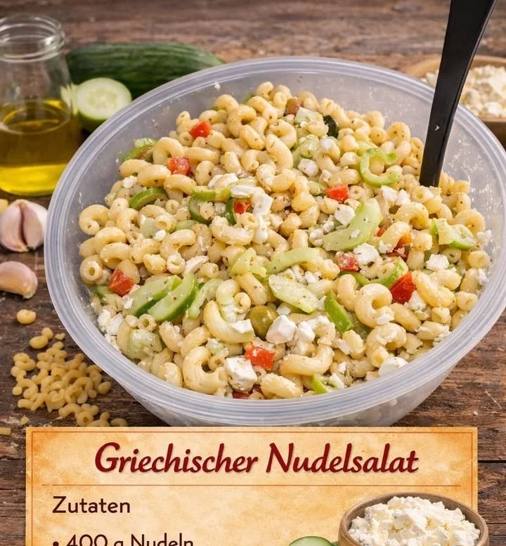 Griechischer Nudelsalat mit frischen Zutaten und Pasta
