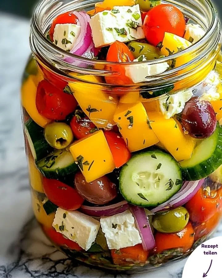 Griechischer Salat im Glas mit frischen Zutaten, lecker und gesund.