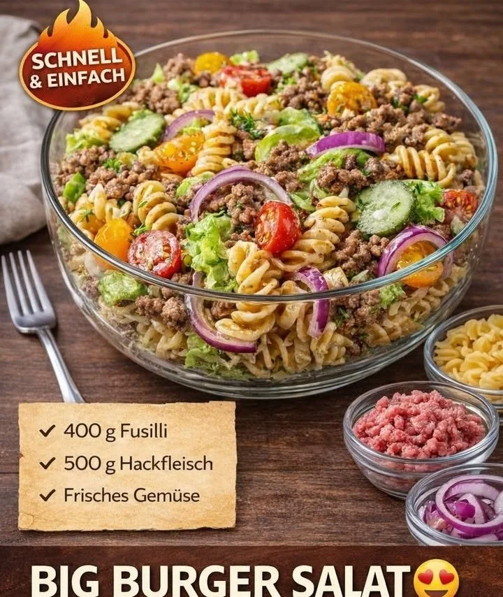 Großer Burger-Salat mit frischen Zutaten und würzigen Dressings