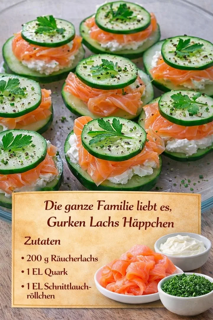 Gurken Lachs Häppchen auf einem Teller mit frischen Kräutern dekoriert