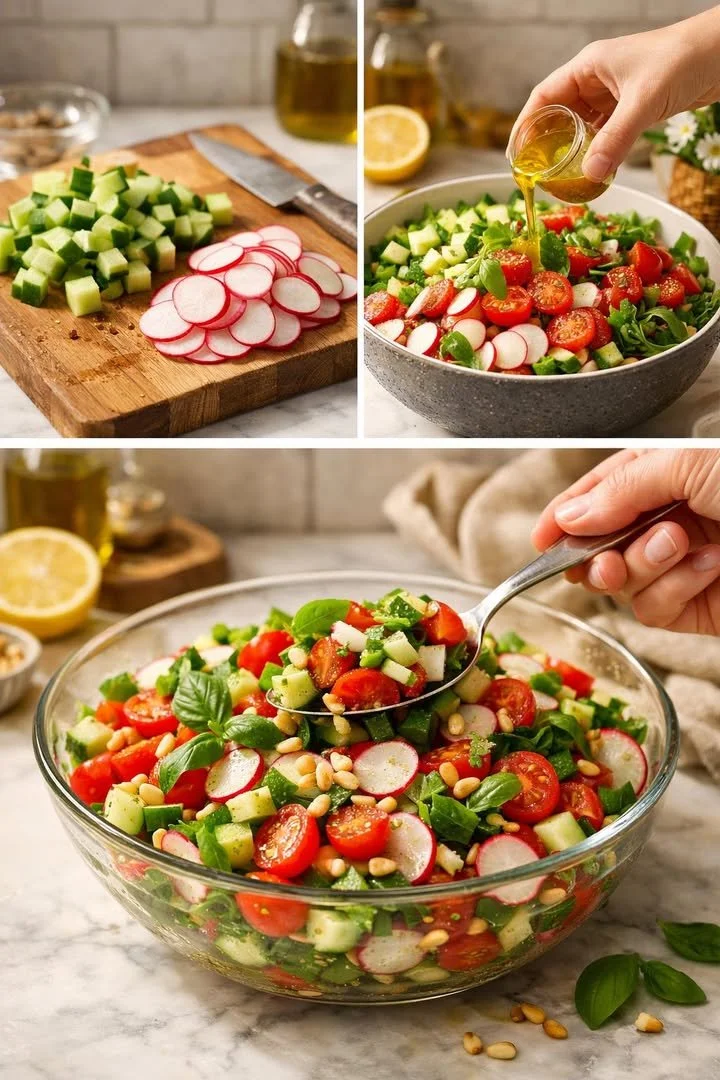 Frischer Gurken-Radieschen-Tomaten-Salat auf einem schönen Teller